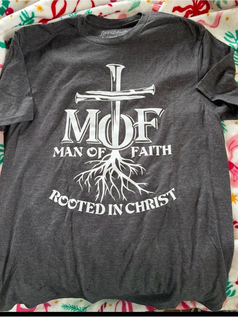 Love in Charcoal Graphic Tee with White Cross & Root Design